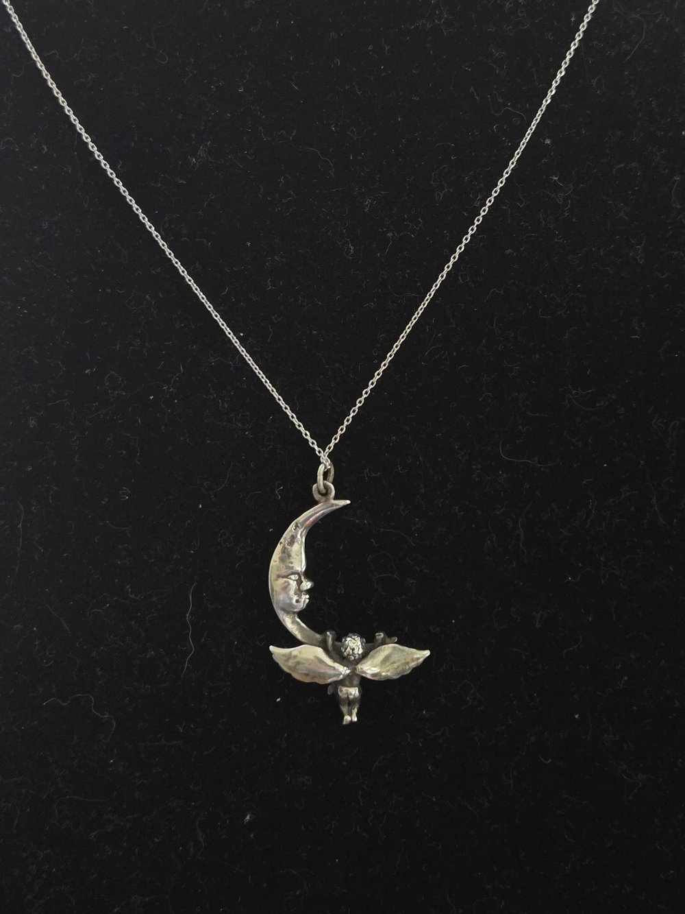 Silver Moon and Angel Pendant Necklace 925 Sterling Silver